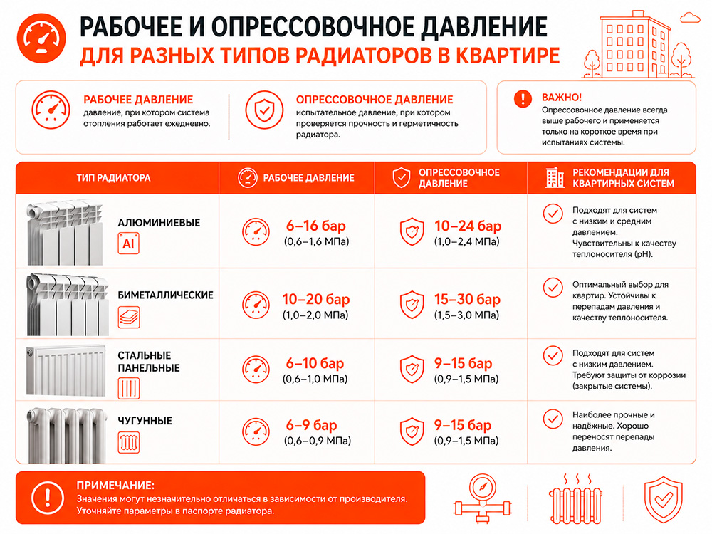 Инфографика: сравнение рабочего и опрессовочного давления для разных типов радиаторов отопления в квартире.