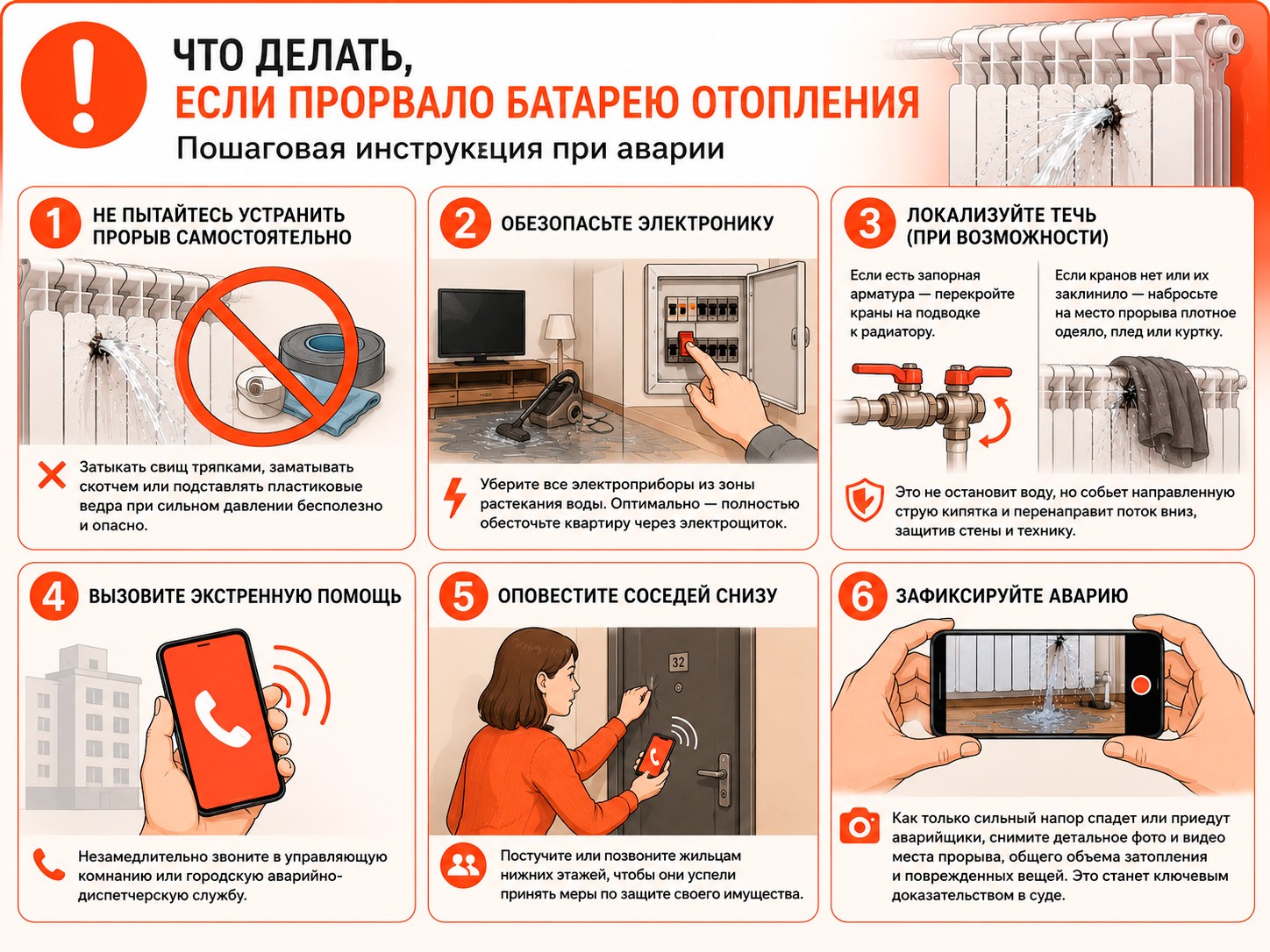 Пошаговая инструкция что делать если прорвало батарею отопления в квартире. Пошаговая инструкция что делать если прорвало батарею отопления в квартире.