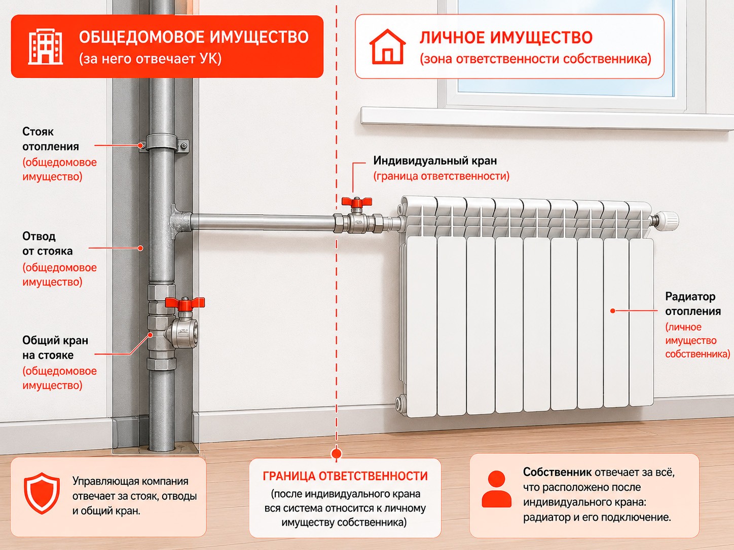 Схема зоны ответственности управляющей компании и собственника квартиры за радиаторы отопления. Схема зоны ответственности управляющей компании и собственника квартиры за радиаторы отопления.