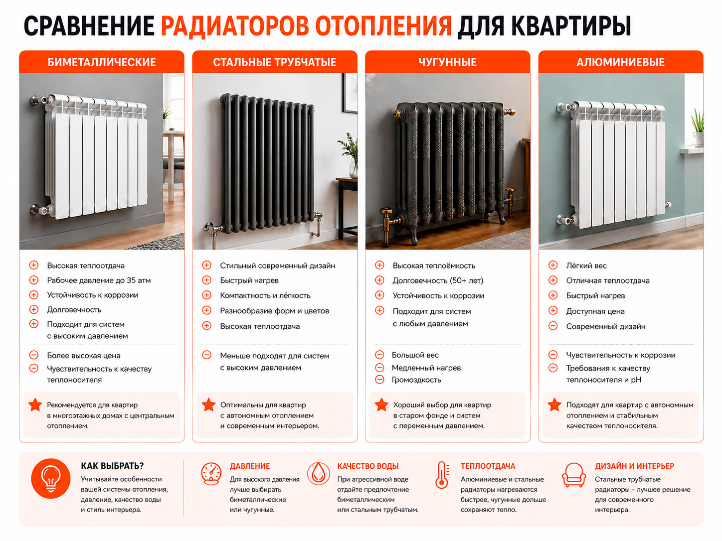 Коллаж: сравнение внешнего вида биметаллических, стальных трубчатых, чугунных и алюминиевых радиаторов отопления для квартиры.